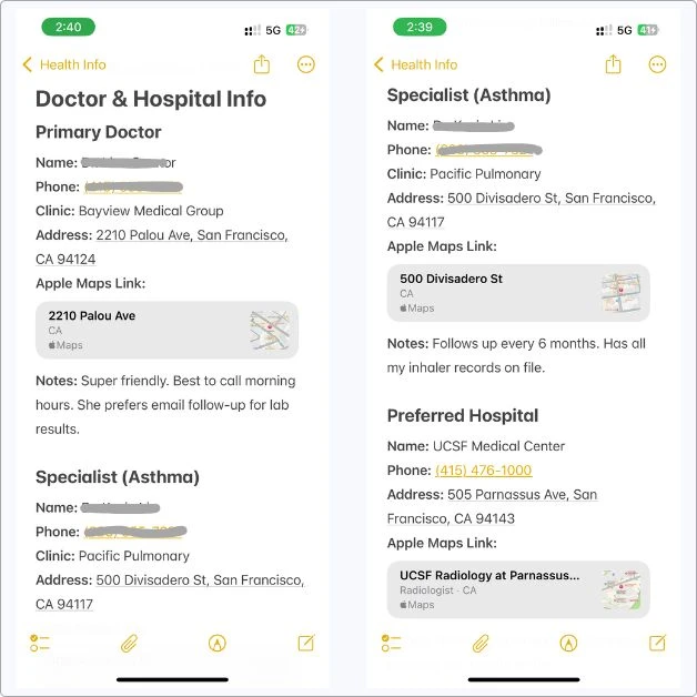 Screenshot of Doctor & Hospital Info note in Apple Notes, with primary doctor, specialist, hospital details, phone numbers, and Apple Maps links.