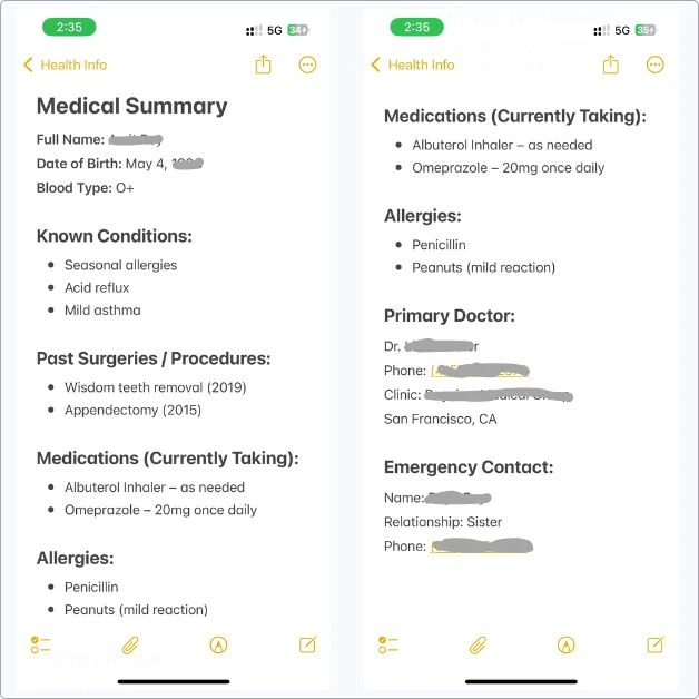 Screenshot of a filled-out Medical Summary note in Apple Notes, showing known conditions, surgeries, current meds, allergies, and emergency contact.