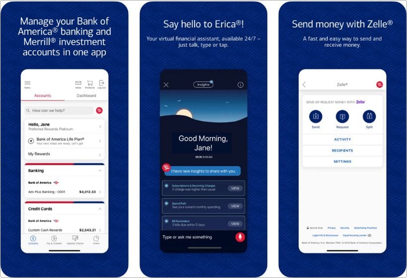 Bank of America Mobile app screenshots