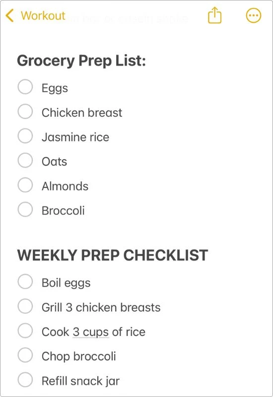 Screenshot of checklists from my cutting meal plan note