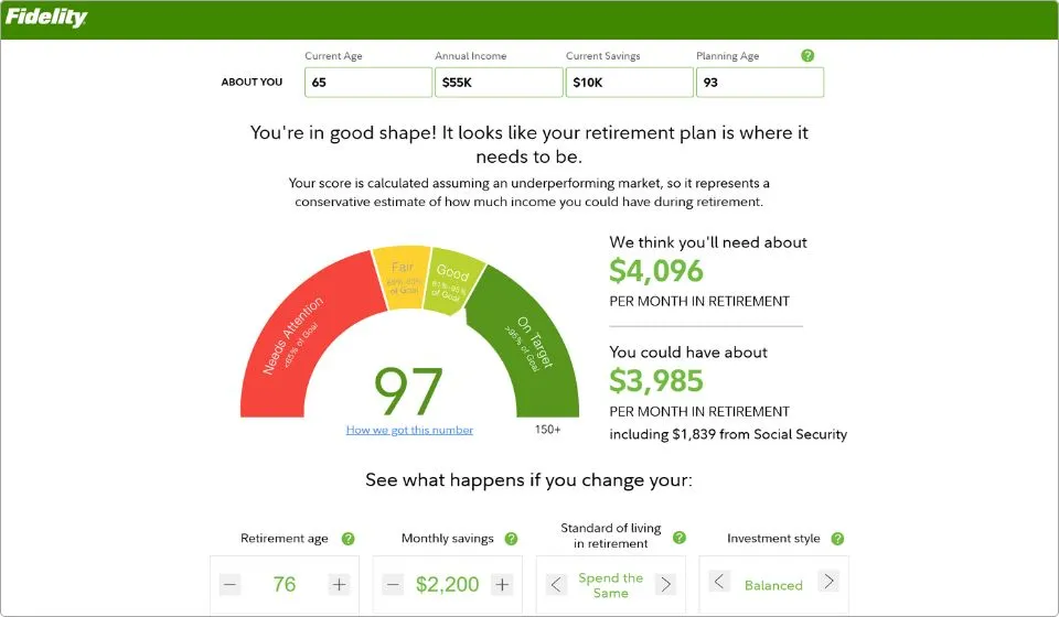Fidelity Retirement Score tool screenshots