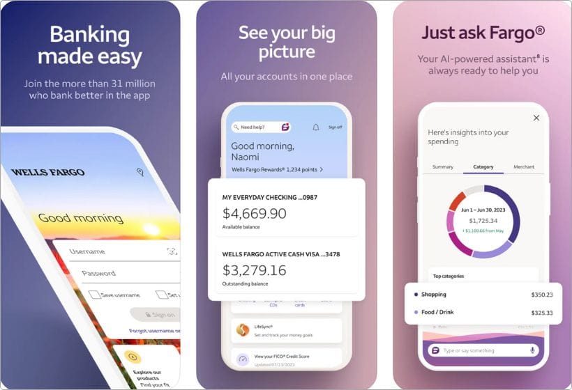 Wells Fargo Mobile app screenshots