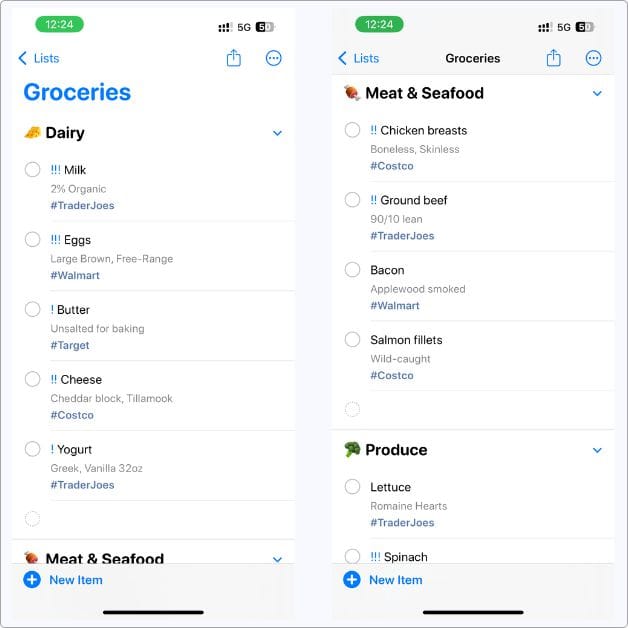 Screenshot of an Apple Reminders grocery list with sections for Dairy, Meat & Seafood, and Produce, showing how to organize shopping items by category for easier store trips.