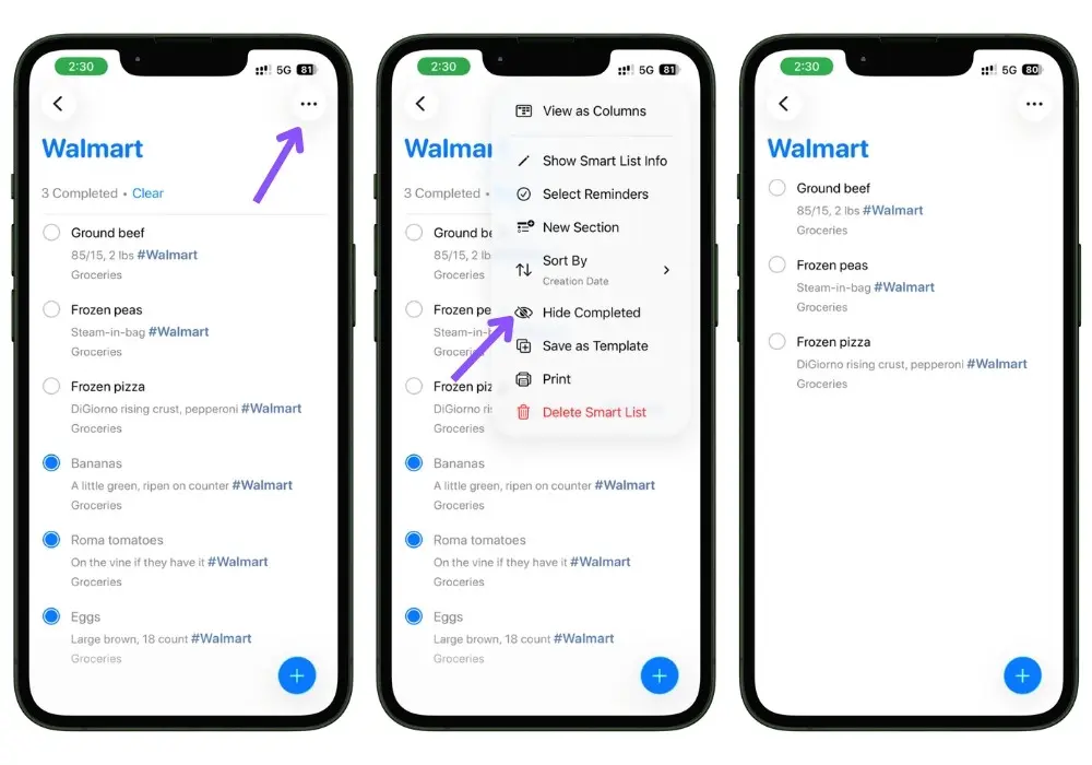 Screenshot showing the Hide Completed option used to display only items that still need to be purchased in Apple Reminders