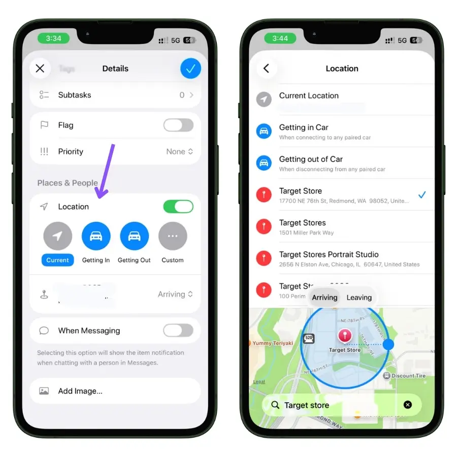Screenshot showing a location-based reminder configured to trigger when arriving at a specific store in Apple Reminders