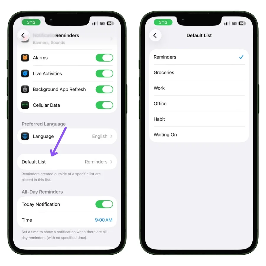 Screenshot showing how to change the default list used by Apple Reminders