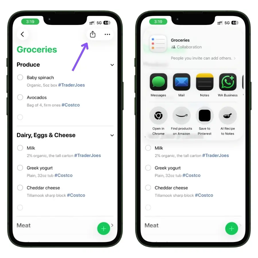 Screenshot showing the share option used to invite others to a grocery list in Apple Reminders
