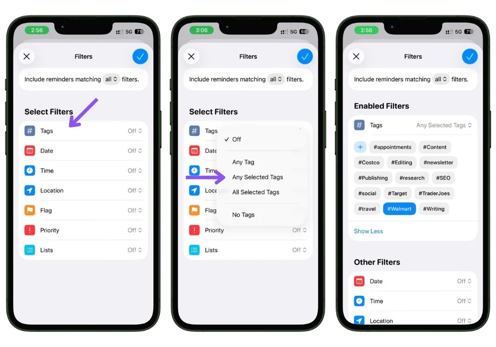 Screenshot showing a Smart List filter configured to display items with a specific store tag in Apple Reminders.