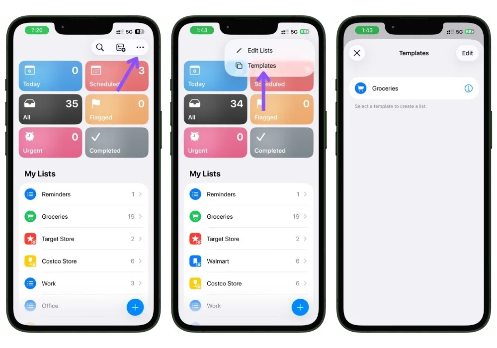 Screenshot showing how to create a new list from a template in Apple Reminders