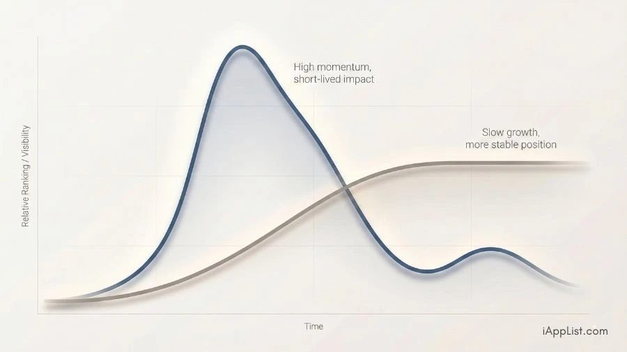 An editorial line graph comparing short-term momentum with long-term stability in App Store ranking behavior over time.