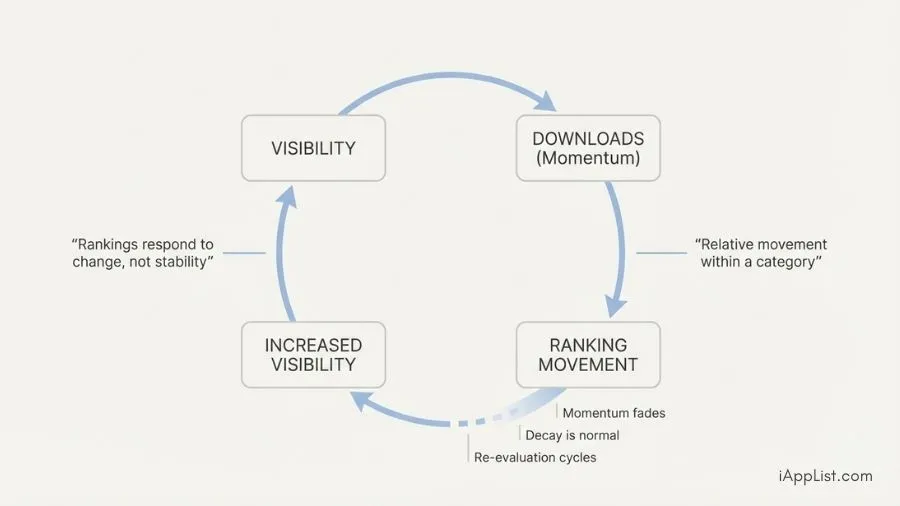 A simplified diagram showing how App Store rankings respond to visibility, download momentum, ranking movement, and natural decay over time.