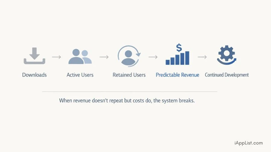 Infographic showing the app survival equation, moving from downloads to active users, retained users, predictable revenue, and continued development.