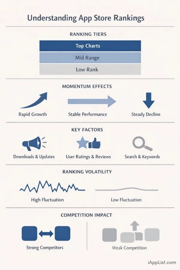 A visual abstract summarizing how App Store rankings behave, including momentum, signal strength, category context, and stability patterns.
