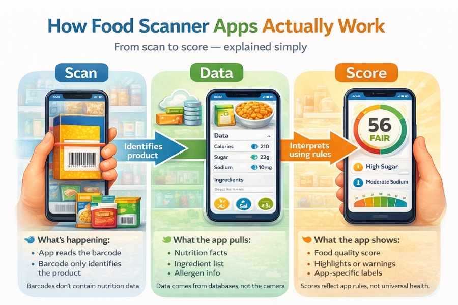 Infographic showing how food scanner apps work from barcode scan to nutrition data lookup to food quality score.