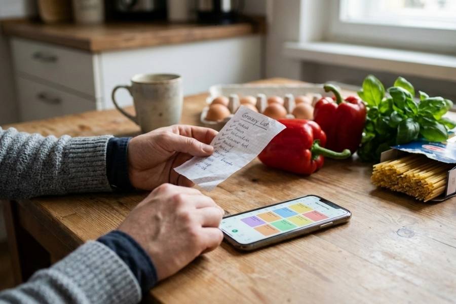 Planning weekly meals using a meal planning app with a grocery list on a kitchen table