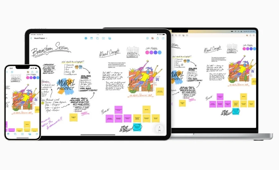 Apple Freeform app shown across iPhone, iPad, and Mac displaying a collaborative brainstorm board with handwritten notes, sticky notes, and sketches for a mural project
