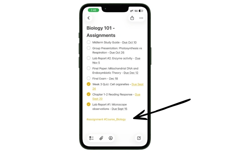 iPhone screenshot showing a Biology 101 assignment checklist in Apple Notes with completed items sorted to the bottom and hashtags #assignment and #Course_Biology at the bottom of the note