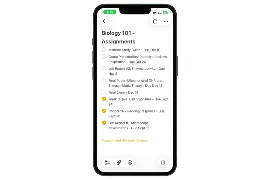 Apple Notes assignment tracker for Biology 101 on iPhone showing a checklist with due dates, completed items checked off, and hashtags for organization