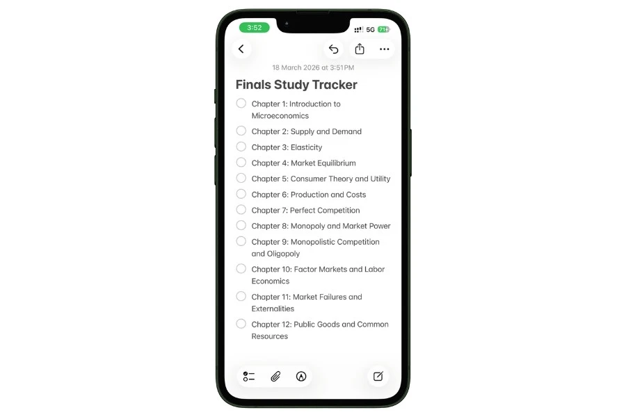 Apple Notes checklist on iPhone used as a finals study tracker, with each economics chapter listed as an unchecked to-do item