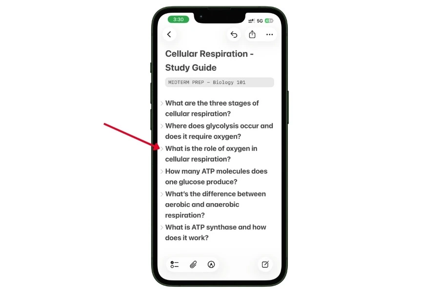 Apple Notes study guide on iPhone showing collapsible headings with exam questions listed under a Biology 101 midterm prep note