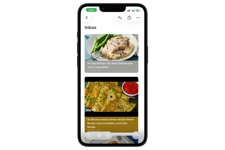Inbox note inside the Recipes folder in Apple Notes on iPhone