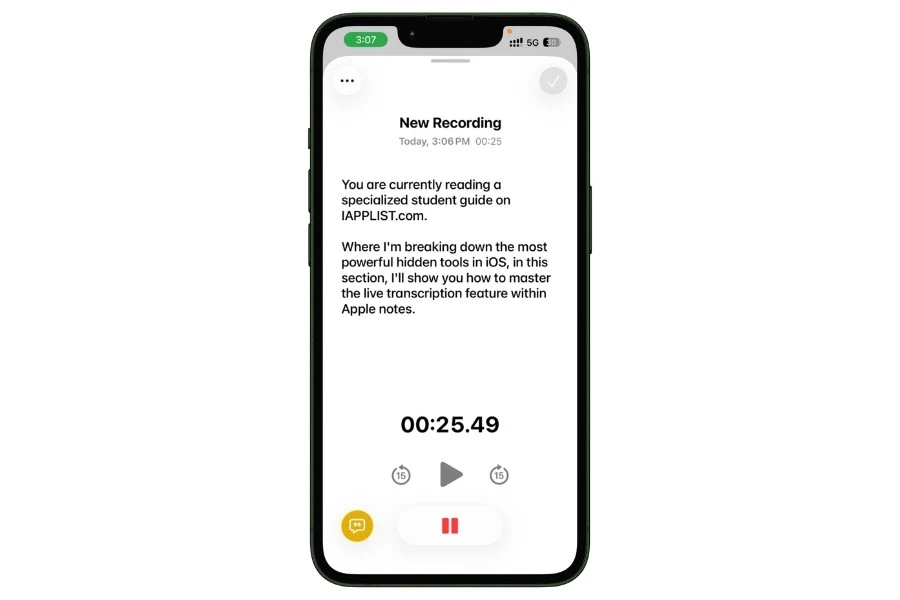 Apple Notes voice recording feature on iPhone showing live transcription of spoken text into a note