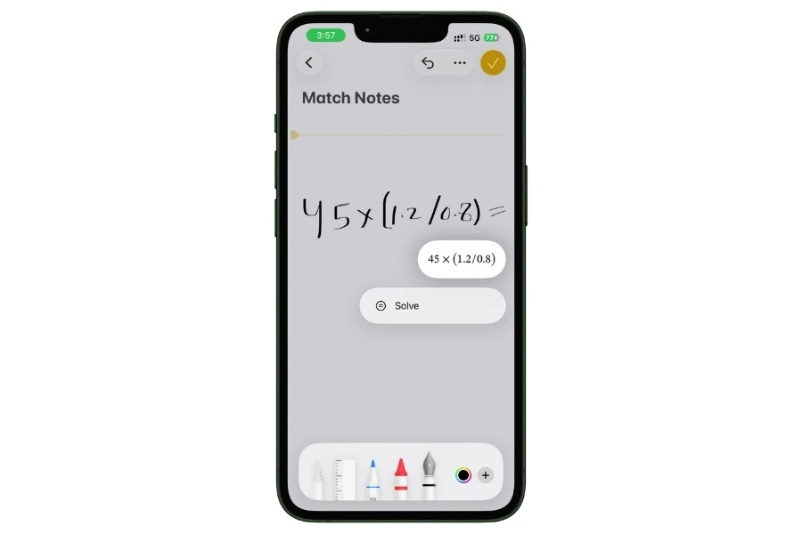 Apple Notes on iPhone recognizing a handwritten math equation and offering a Solve button to calculate the result instantly