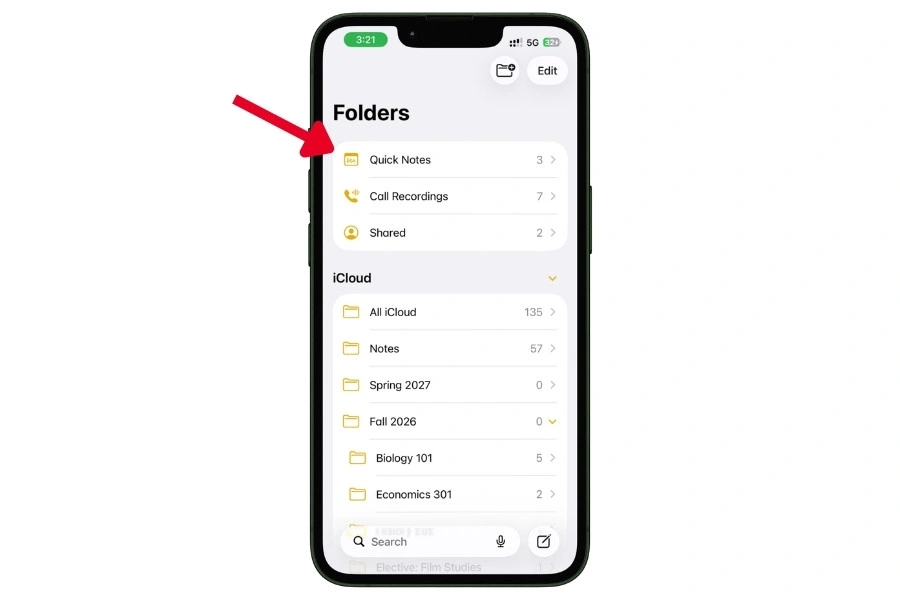Apple Notes folders screen on iPhone showing Quick Notes stored in its own separate folder, distinct from other iCloud note folders