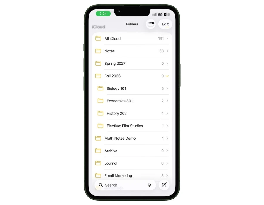 iPhone screenshot showing Apple Notes folder structure organized by semester with Fall 2026 expanded to show course subfolders for Biology 101, Economics 301, History 202, and Film Studies