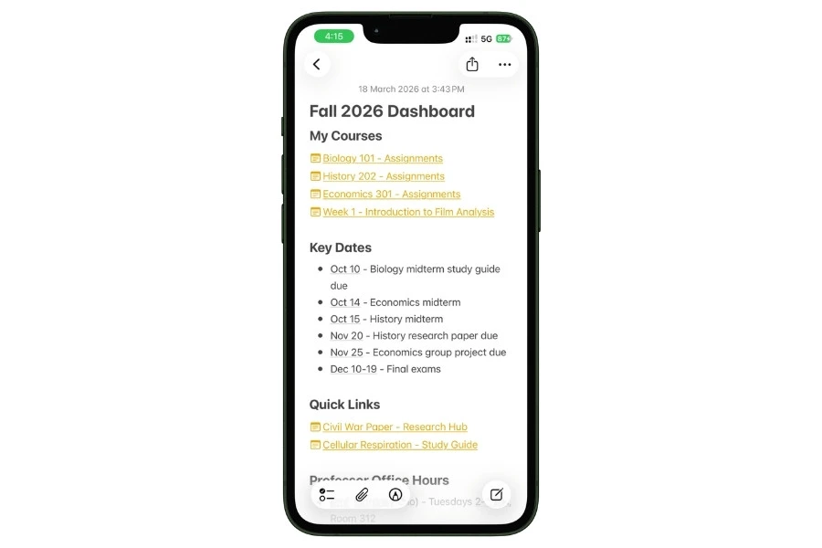 Apple Notes semester dashboard on iPhone showing linked course notes, key exam dates, and quick links to study guides all in one central note