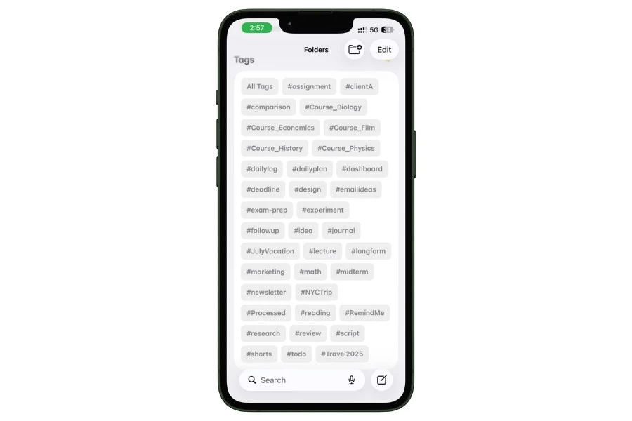 iPhone screenshot showing the Tags browser in Apple Notes displaying all tags including course-specific tags like #Course_Biology, #Course_Economics, #Course_History, and organizational tags like #assignment, #exam-prep, #lecture, #reading, and #midterm