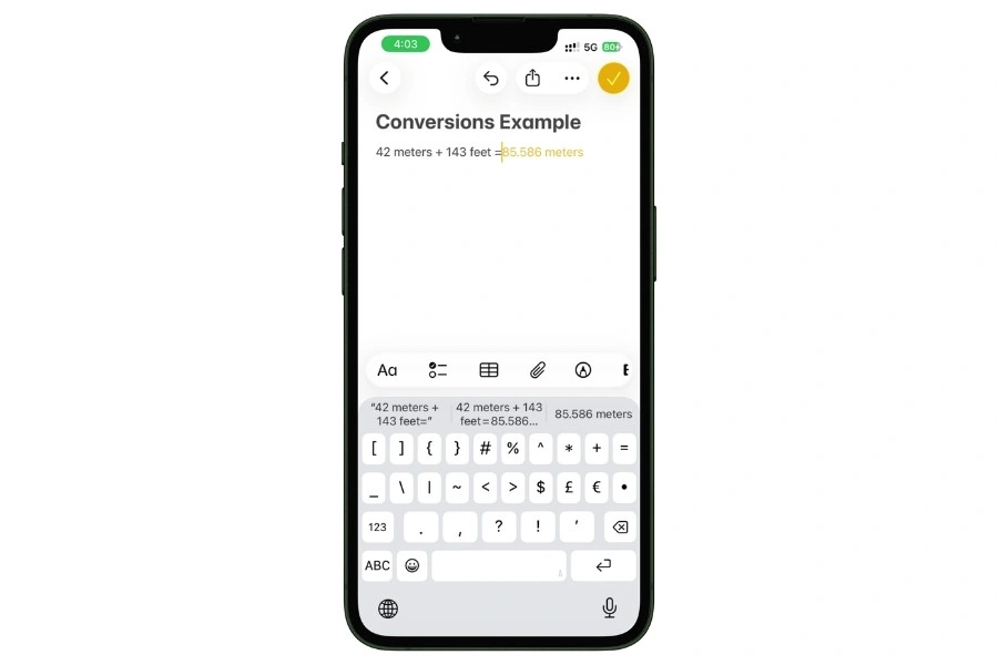 Apple Notes on iPhone automatically converting a typed unit conversion expression — 42 meters plus 143 feet — and displaying the result inline as 85.586 meters