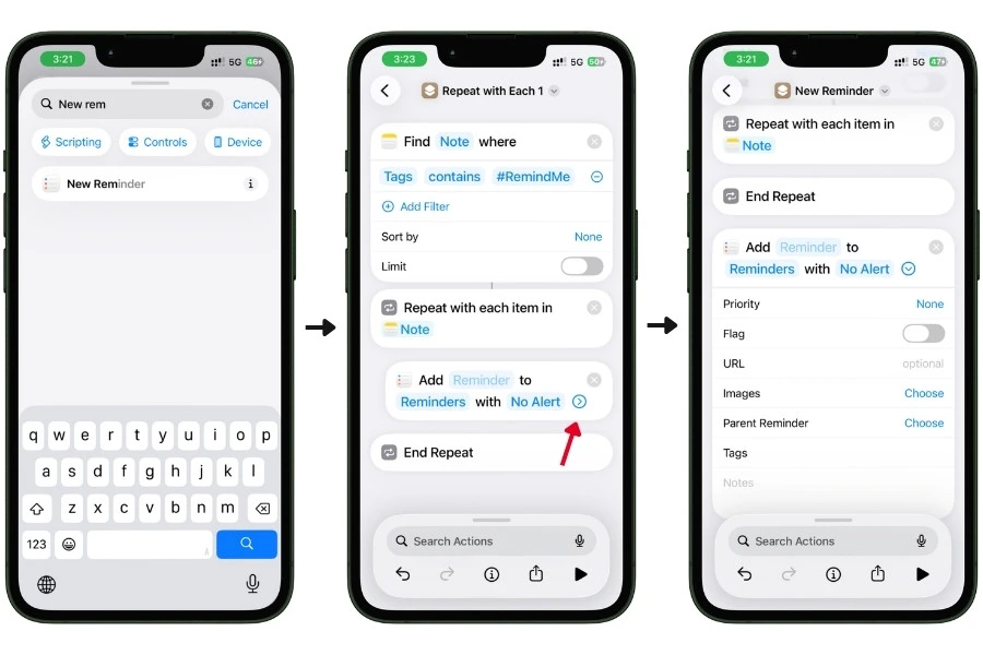 Three iPhone screenshots showing how to add the New Reminder action: searching for New Reminder, the action placed inside the Repeat with Each loop between the loop start and End Repeat, and the expanded reminder action showing all configurable fields including Priority, Flag, URL, Tags, and Notes