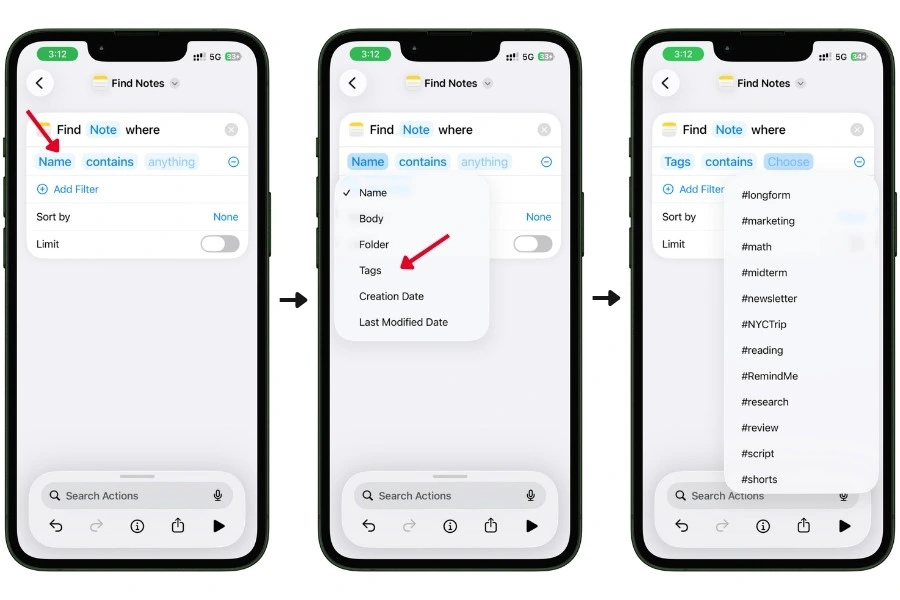 Three iPhone screenshots showing how to configure the Find Notes filter: tapping the Name field to reveal filter options, selecting Tags from the dropdown menu, and choosing the #RemindMe tag from the tag list