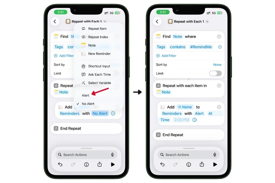 Two iPhone screenshots showing how to set the reminder alert: tapping No Alert to reveal the dropdown with Alert option, and the configured result showing Add Name to Reminders with Alert At Time 2:00 PM inside the Repeat with Each loop