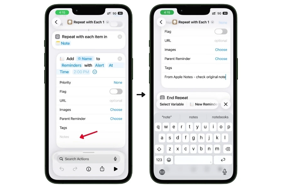 Two iPhone screenshots showing how to add a description to the reminder: scrolling down to the Notes field at the bottom of the expanded reminder action, and typing From Apple Notes - check original note as the reminder description