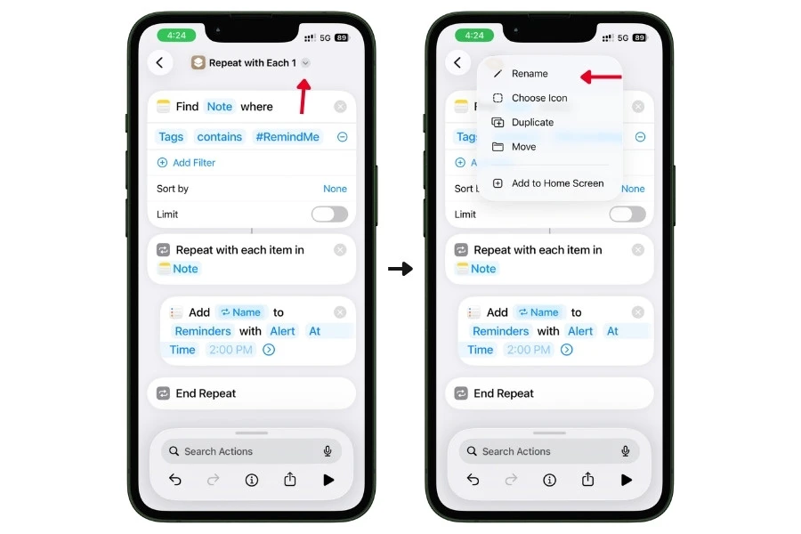 Two iPhone screenshots showing how to customize the Shortcut: tapping the dropdown arrow at the top to reveal options for Rename, Choose Icon, Duplicate, Move, and Add to Home Screen