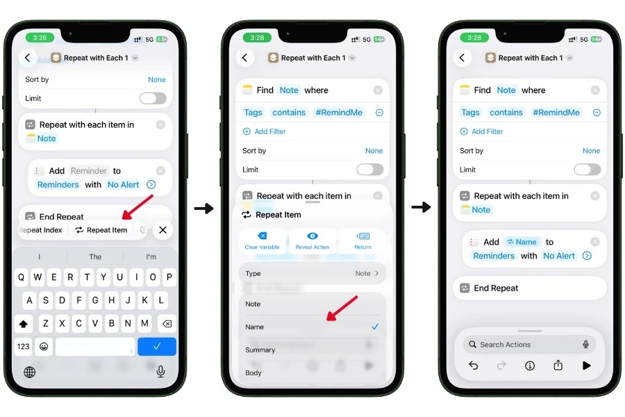 Three iPhone screenshots showing how to set the reminder title: selecting Repeat Item from the variable picker, changing the Type from Note to Name in the Repeat Item settings, and the final result showing Add Name to Reminders with the default Reminder text deleted