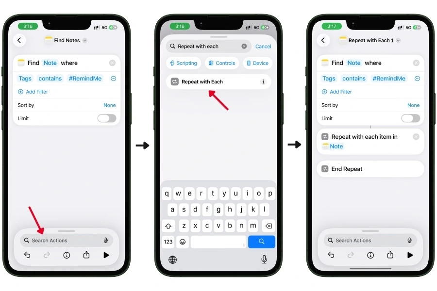 Three iPhone screenshots showing how to add the Repeat with Each action: tapping Search Actions, searching for Repeat with Each, and the completed loop showing Repeat with each item in Note with End Repeat below