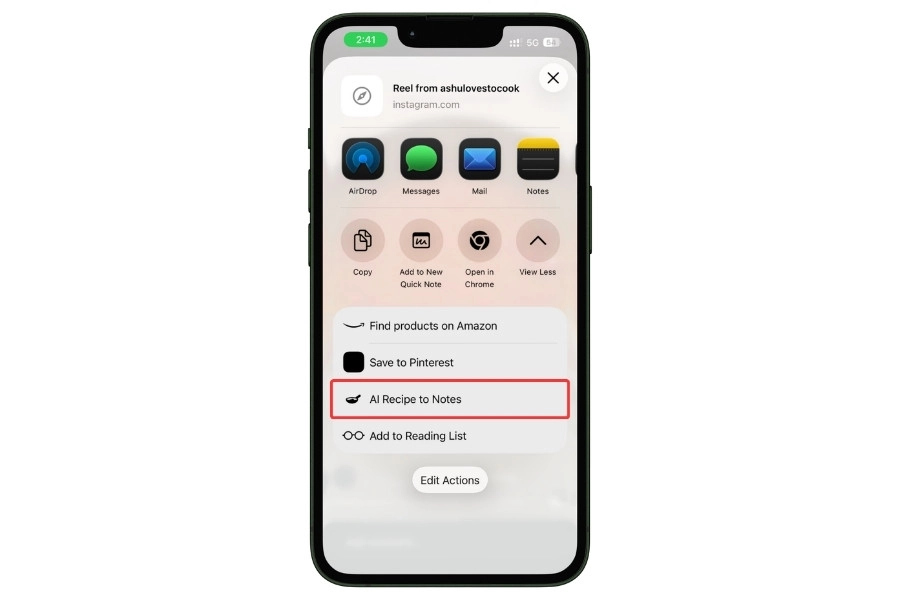 The AI Recipe to Notes Shortcut in the share sheet on a Instagram reel