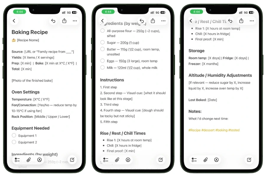 Baking recipe template in Apple Notes with fields for precise measurements, oven temperature, timing, and notes