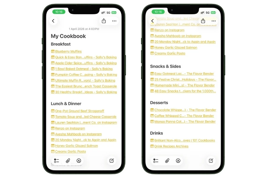 Cookbook Index note in Apple Notes with collapsible headings and linked recipe names using the >> format