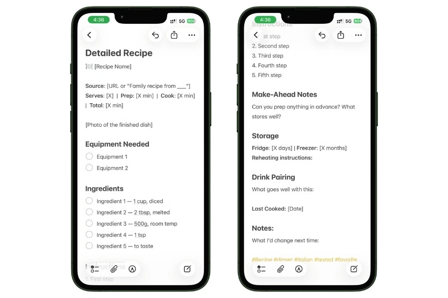 Detailed recipe template in Apple Notes with extra structure for ingredients, steps, notes, and source link