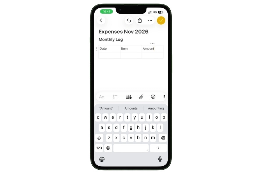 Screenshot of Apple Notes on iPhone showing a three-column expense tracking table with Date, Item, and Amount headers.
