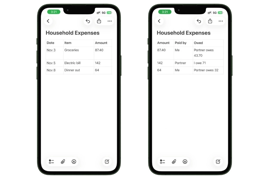 Screenshot of Apple Notes on iPhone showing household expense tables for tracking shared costs, who paid, and how much is owed.