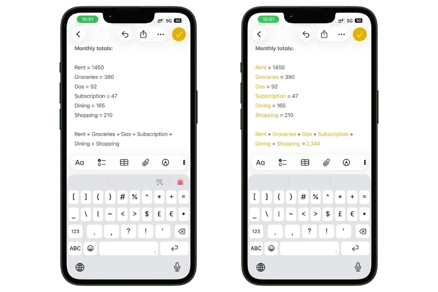 Screenshot of Apple Notes on iPhone showing Math Notes calculating a monthly expense total after adding rent, groceries, gas, subscriptions, dining, and shopping.