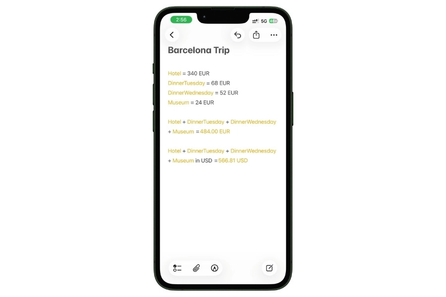Screenshot of Apple Notes on iPhone showing Math Notes adding Barcelona trip expenses in EUR and converting the total to USD.