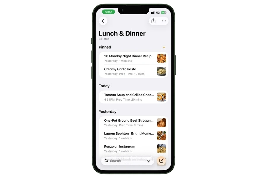 Pinned recipe notes at the top of the Lunch and Dinner folder in Apple Notes
