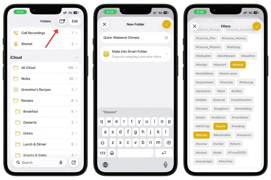Quick Weeknight Dinners Smart Folder in Apple Notes showing filtered recipe notes based on tags