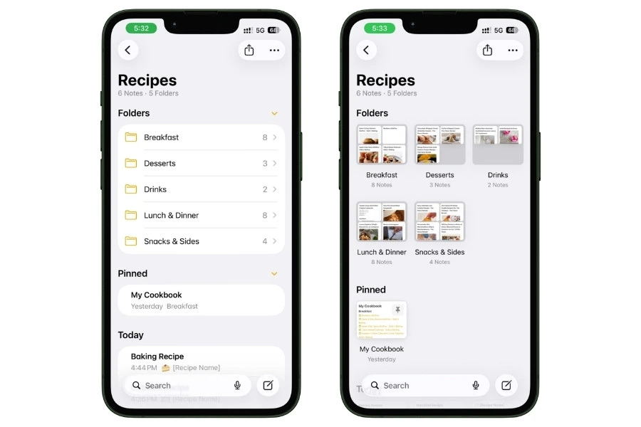 Apple Notes Recipes folder in Gallery View showing multiple recipe notes with food photo thumbnails